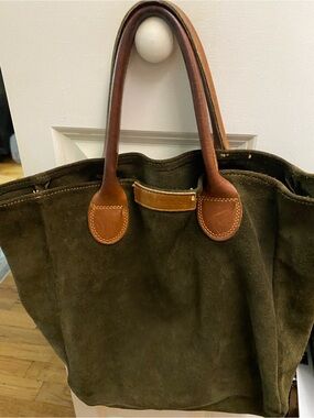 Vintage G.H. Bass & Co Olive Green Suede Tote Brown Leather Handles